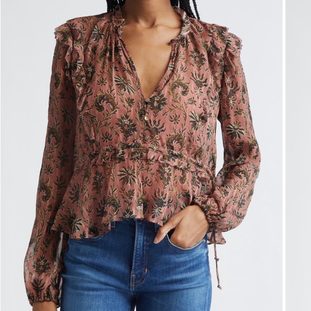 Veronica Beard Ruffled Floral Blouse - Pink and Black
